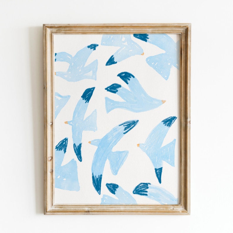 Flying Blue Birds Print, Digital Downloadable Wall Art, Trendy Decor, Abstract Vintage Painting image 1