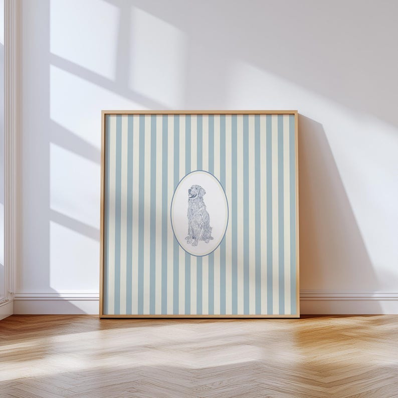 Blue and White Striped Golden Retriever Dog: Trendy Cottage Decor, Digital Downloads, Art Print, Gift Idea, Pet Owner Gift image 7