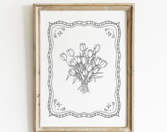 Vintage Tulip Illustration Print, Digital Downloadable Wall Art, Trendy Decor, Abstract Vintage Painting, Black and White, Vintage Botanical