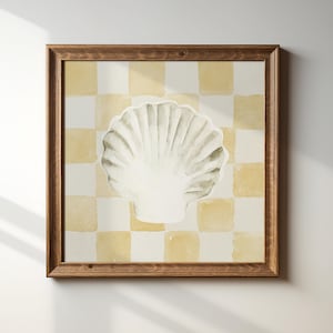 May include: A framed watercolour painting of a seashell on a yellow and white chequered background.