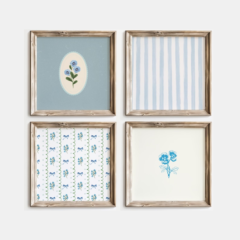 May include: Four framed prints with blue and white floral patterns. The prints are in wooden frames with a light brown finish. The prints are arranged in a grid pattern.