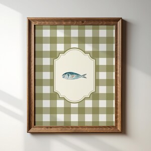 Fish Print: Green Gingham Vintage Illustration, Digital Download, Art Print, Gift Idea, Aesthetic