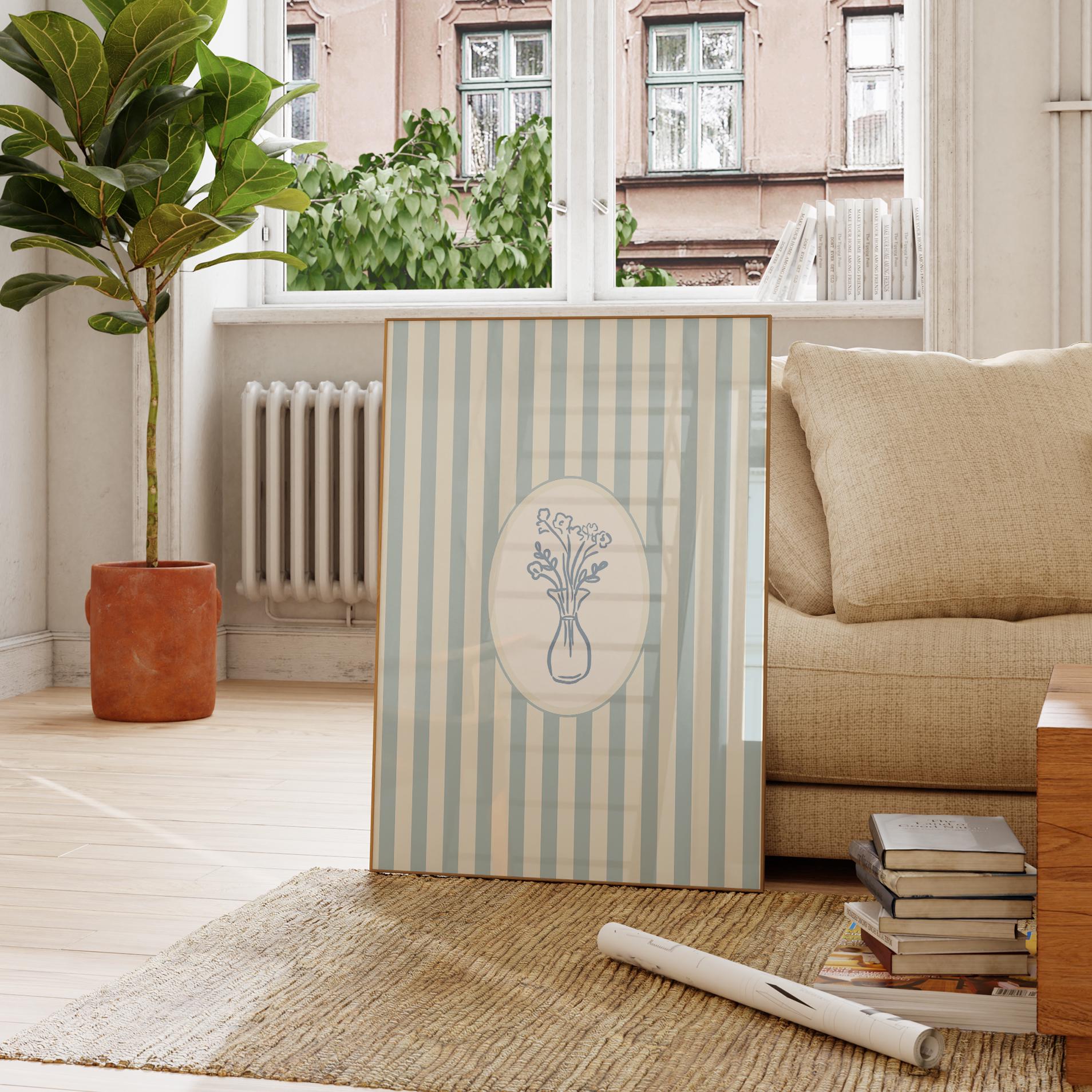 青と白のストライプ模様の花柄ボタニカル花瓶プリント：トレンディな