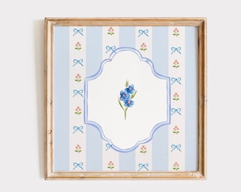 Vintage Wallpaper Floral Crest Square Print, INSTANT Digital Downloadable Wall Art, Trendy Decor, Kitchen, Living Room Art, Blue Thin Line