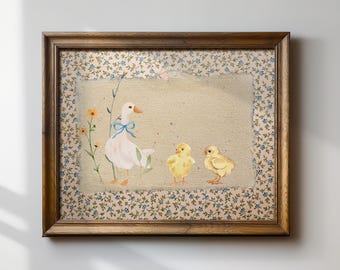 Vintage Mother Duck Print, Digital Downloadable Wall Art, Nursery Art, Vintage Painting, Cottagecore Decor, Printable Wall Art, Horizontal