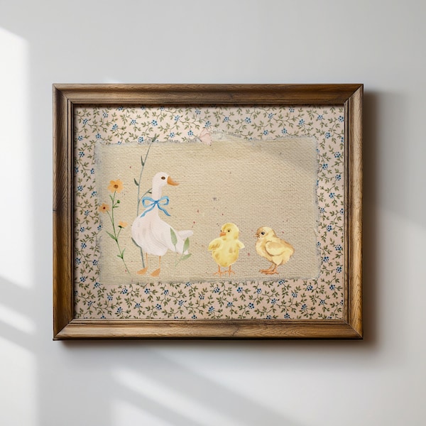 Impression vintage mère canard et 2 poussins, art pour chambre d'enfant cottagecore, téléchargements numériques, art mural, impression d'art, cadeau de chambre d'enfant doux