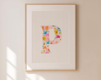 P, Initial Digital Print, Floral Letter, Digital Download, Watercolor Art, Gift Idea, Art Print, Downloadable Print, Initial Gift