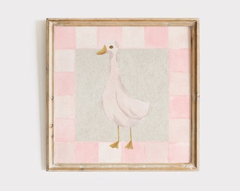 Pink Checkered Goose Print, INSTANT Digital Downloadable Wall Art, Trendy Decor, floral illustration, Living Room Art, Nursery