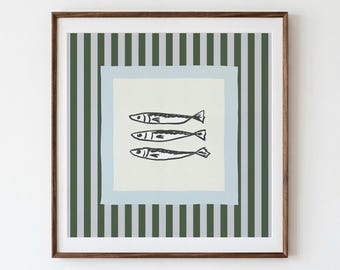 Lámina cuadrada de sardinas a rayas verdes y azules, descarga digital instantánea, arte de pared, decoración moderna, ilustración, impresión bajo demanda, estilo vintage.