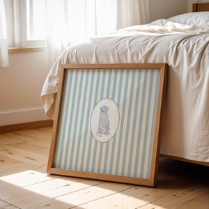 Blue and White Striped Golden Retriever Dog: Trendy Cottage Decor, Digital Downloads, Art Print, Gift Idea, Pet Owner Gift image 1