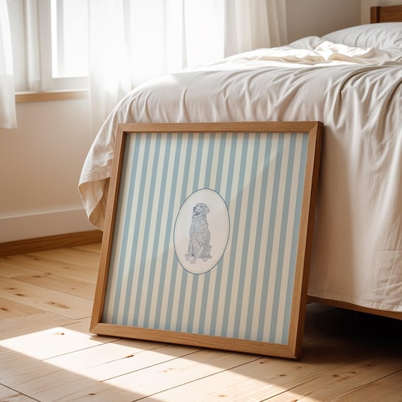 Blue and White Striped Golden Retriever Dog: Trendy Cottage Decor, Digital Downloads, Art Print, Gift Idea, Pet Owner Gift