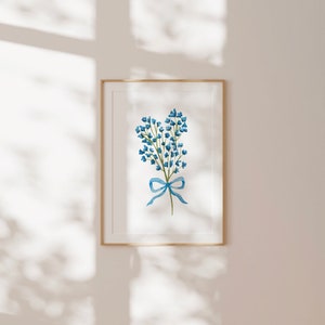 Blue Vintage Floral Bouquet With Bow Print, Digital Downloadable Wall Art, Trendy Decor, Abstract Vintage Painting, English Garden