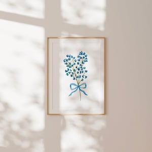 Blue Vintage Floral Bouquet With Bow Print, Digital Downloadable Wall Art, Trendy Decor, Abstract Vintage Painting, English Garden