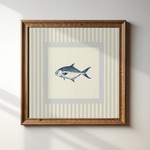 Impresión cuadrada de pez de asiento profundo con rayas grises, descarga digital instantánea, decoración de pared moderna, ilustración, impresión a pedido, vintage