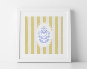 Yellow Striped Poppy Illustration Print, INSTANT Digital Downloadable Wall Art, Trendy Decor, Kitchen, Living Room Art, Blue Thin Line