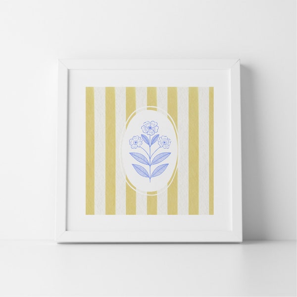 Yellow Striped Poppy Illustration Print, INSTANT Digital Downloadable Wall Art, Trendy Decor, Kitchen, Living Room Art, Blue Thin Line