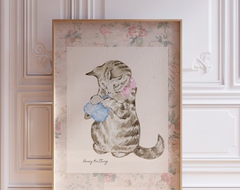 Knitting Kitten Art Print, Digital Wall Art, Trendy Decor, Abstract Vintage Painting, Thin Line, Digital Products, Blue Toile, Nursery Decor