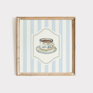 Coffee Cup Art Print: Blue Floral Kitchen Wall Decor, Digital Download, Art Print, Gift Idea, Aesthetic
