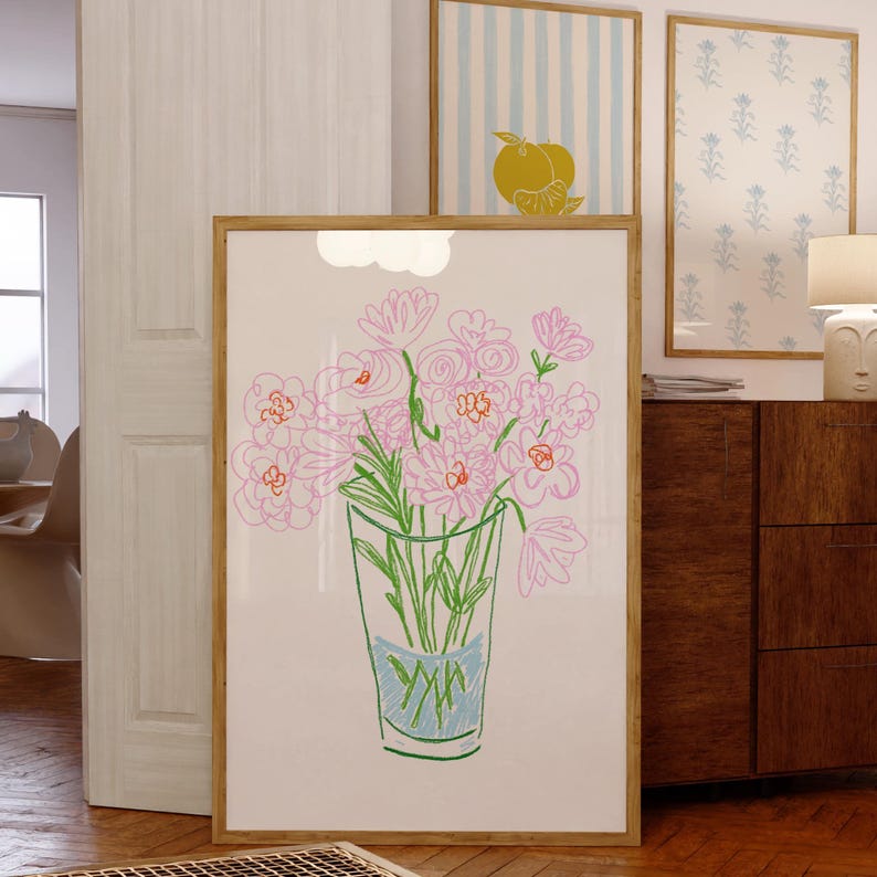 Pink Doodle Floral Art Print: Trendy Cottage Decor, Digital Downloads, Art Print, Abstract Line Drawing, Wildflower Botanical image 3