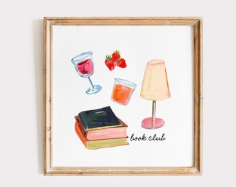 Book Club Watercolor Print, INSTANT Digital Downloadable Wall Art, Trendy Decor, floral illustration, Living Room Art, Nursery, Kitchen