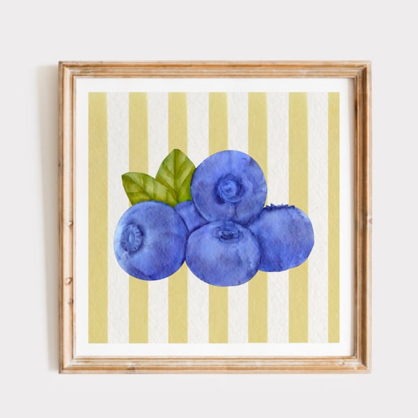 Blueberries with Yellow Stripes Print, INSTANT Digital Downloadable Wall Art, Trendy Decor, Kitchen Fruit illustration, Living Room Art