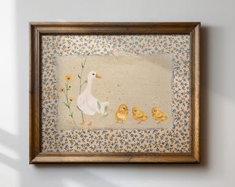 3 Chick Vintage Mother Duck Print, Digital Downloadable Wall Art, Nursery Art, Vintage Painting, Cottagecore, Printable Wall Art, Horizontal