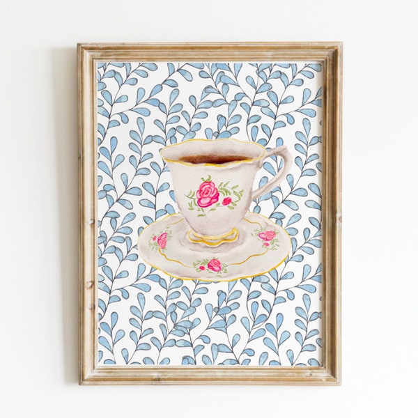 Grandmas TeaCup Pink Print, Digital Downloadable Wall Art, Trendy Decor, Abstract Vintage Painting, English Garden, Cottagecore Decor