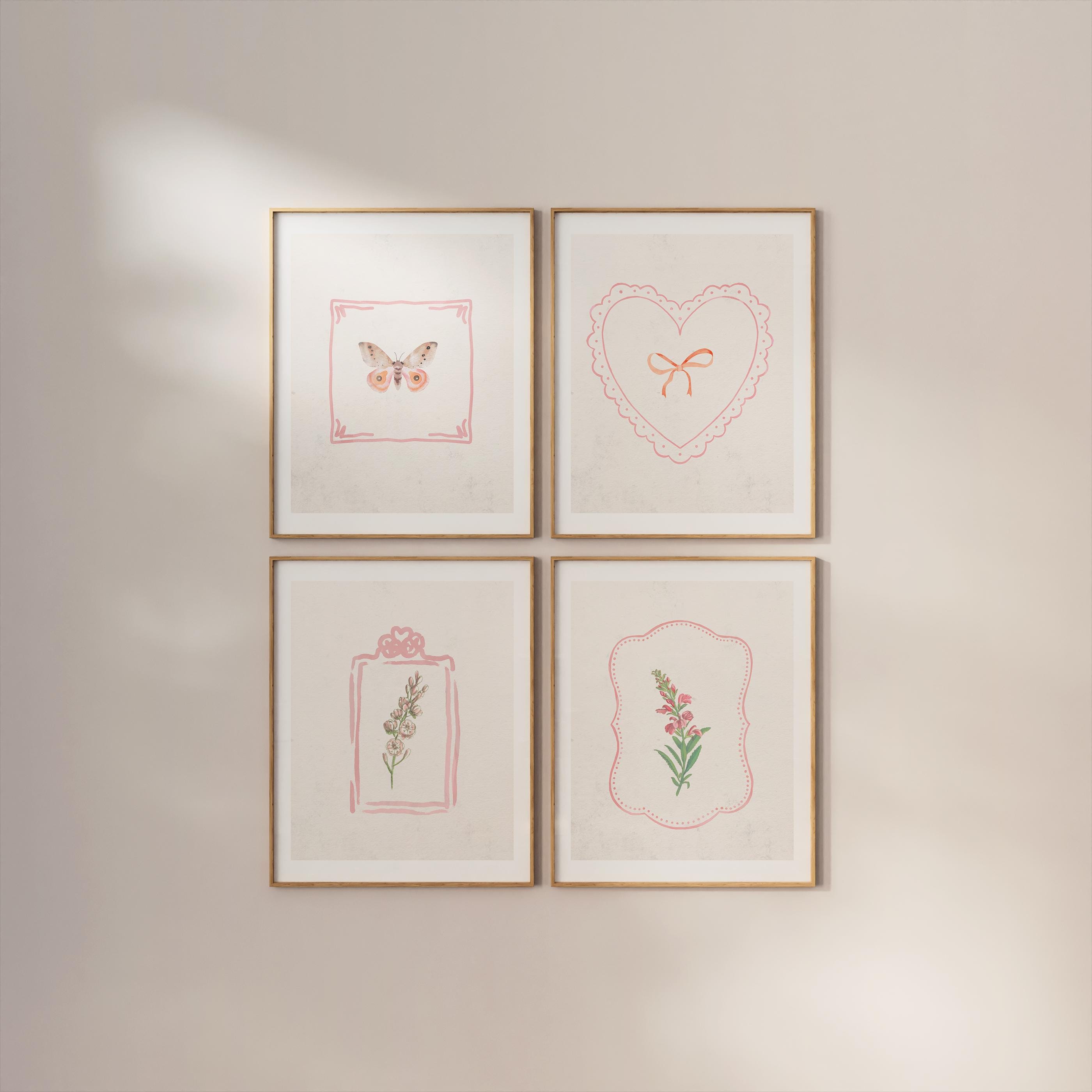 Set of Four, Pink Botanical Print Set, Vintage English Garden Wall Art ...