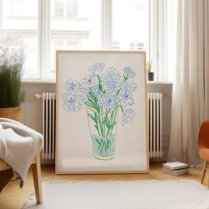 Blue Doodle Bouquet Art Print, Digital Downloadable Wall Art, Trendy Decor, Abstract Vintage Painting, English Garden, Floral, Cottage