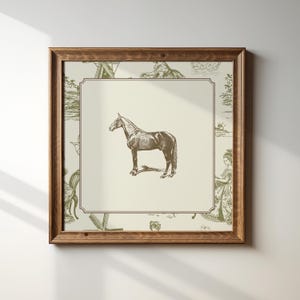 Vintage Green Toile Horse Print, Digital Downloadable Wall Art, Trendy Decor, Cottage, Nursery