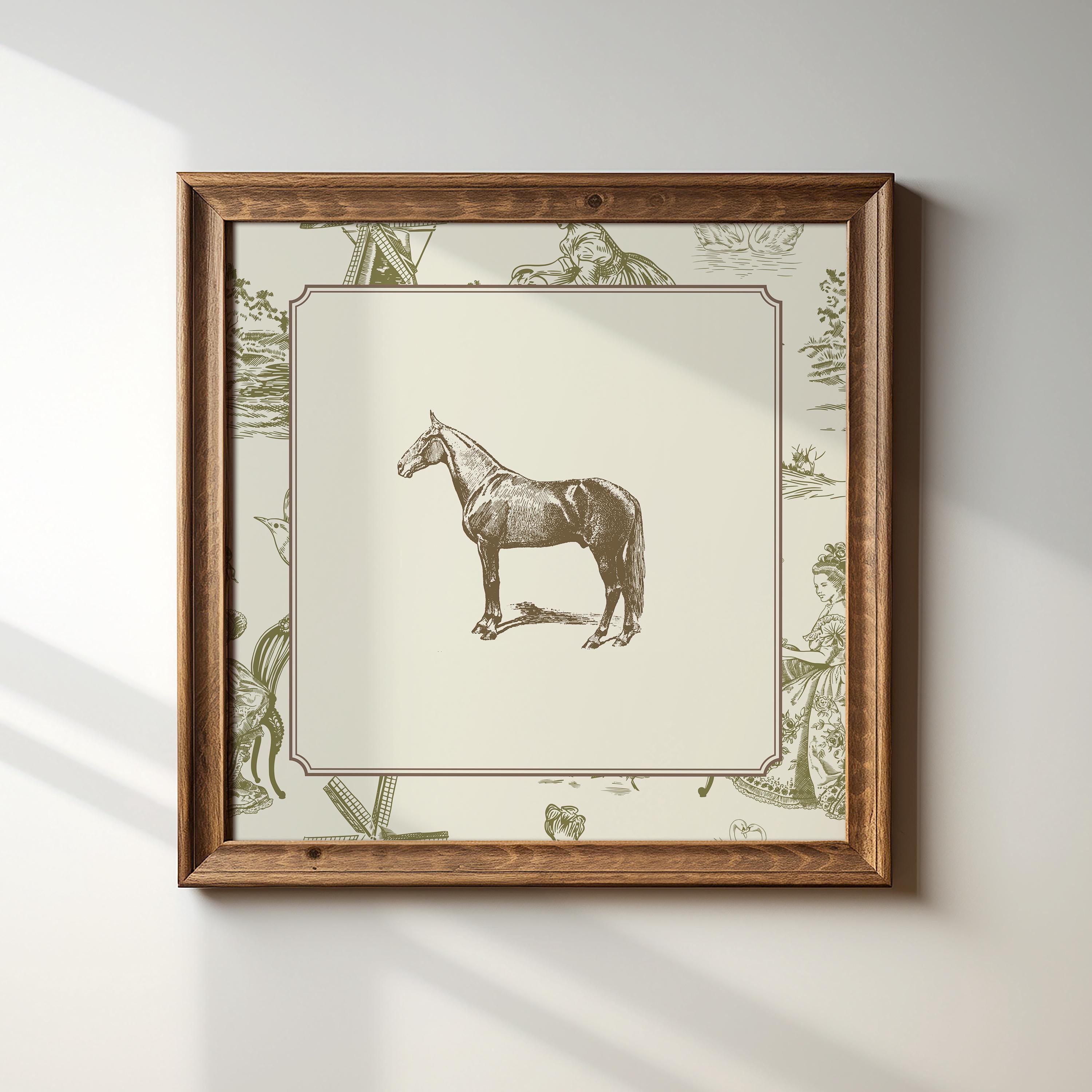 Vintage Green Toile Horse Print, Digital Download Wall Art, Trendy