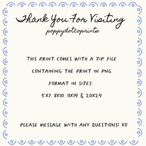 May include: Cream-colored print with a blue border and handwritten text. The text reads "Thank You For Visiting" and "poppydotcoprints". Additional text details the print comes with a zip file in PNG format, available in 5x7, 8x10, 11x14, and 20x24 sizes.