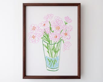 Pink Doodle Bouquet Kunstdruck, digital herunterladbare Wandkunst, trendiges Dekor, abstrakte Vintage Malerei, englischer Garten, Floral, Cottage