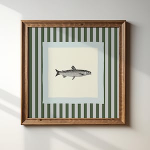 Green and Blue Striped Trout Fish Square Print, INSTANT, Digital Downloadable Wall Art, Trendy Decor, illustration, Print on Demand, Vintage