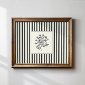 Könnte beinhalten: Ein gerahmter Druck mit einer Schwarzweißillustration einer Blume auf einem gestreiften Hintergrund. Die Streifen sind schwarz und weiß.