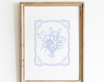 Vintage Tulip Illustration Print, Digital Downloadable Wall Art, Trendy Decor, Abstract Vintage Painting, Cornflower Blue, Vintage Botanical