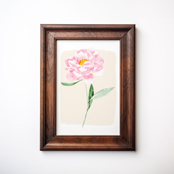水彩画　牡丹　ハンドメイド　インテリア 額付き 水彩牡丹の茎のプリント：ピンクと黄色の花の壁アート、デジタル
