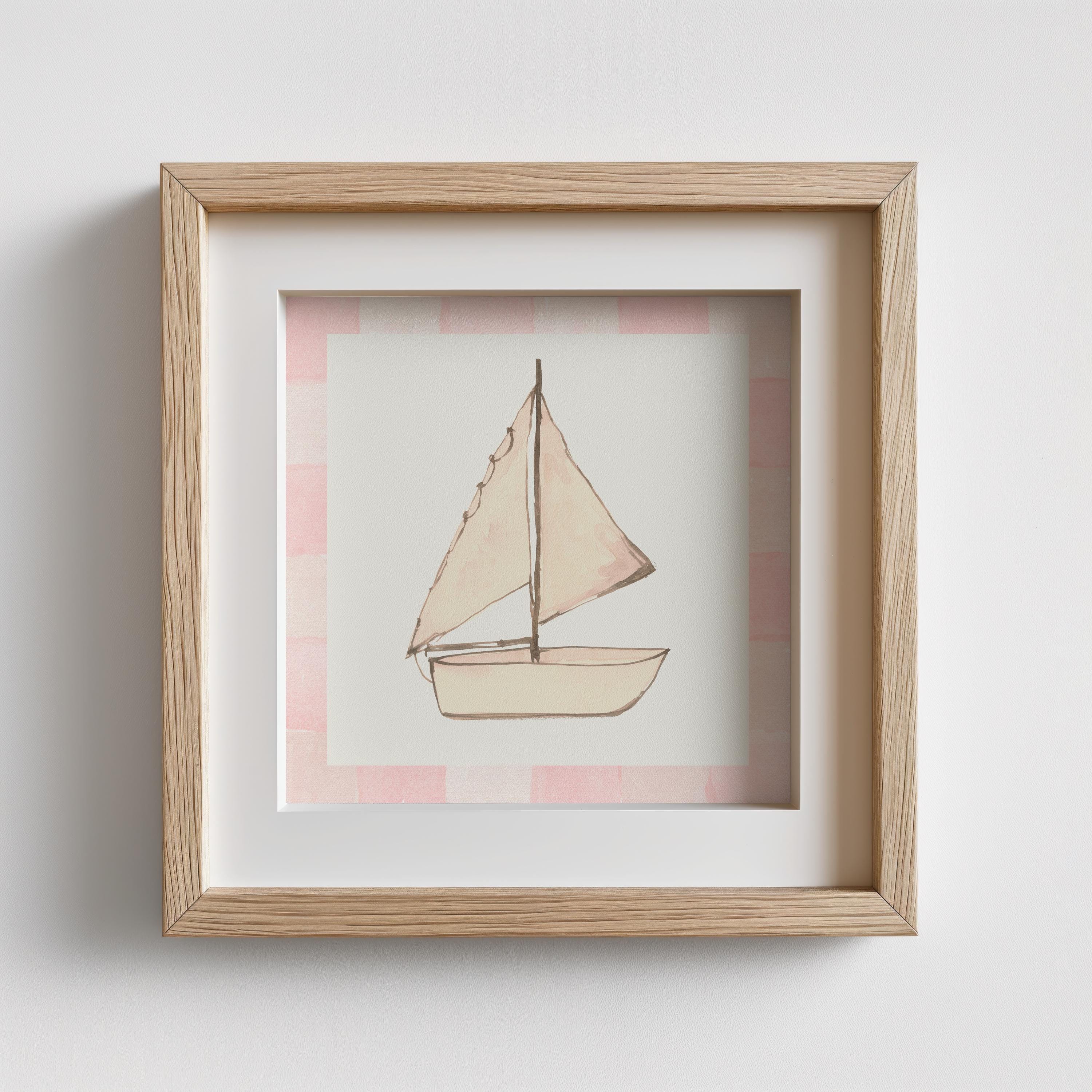 水彩画の帆船プリント：ブラッシュチェック柄の海岸アート、デジタル