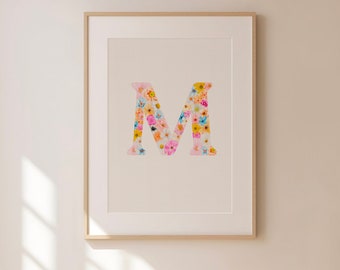 M, Initial Digital Print, Floral Letter, Digital Download, Watercolor Art, Gift Idea, Art Print, Downloadable Print, Initial Gift