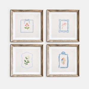 Set of Four, Blue Vintage Botanical Print Set, Cottagecore Wall Art, Digital Download, Art Print, Gift Idea, Aesthetic