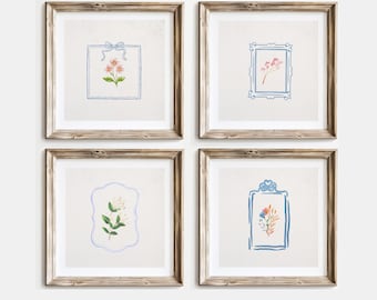 Bundle of FOUR Blue Vintage Botanical Print , Digital Downloadable Wall Art, Trendy Decor, English Garden Painting, Cottagecore Decor