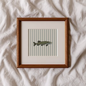 Trout Fish Minimalist Digital Art Print: Blue Striped Illustration, French Decor, Printable Wall Art, Watercolor