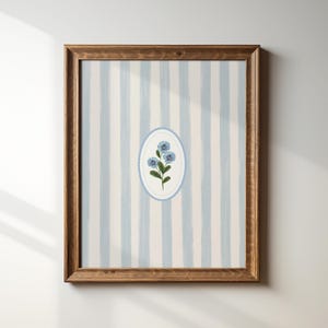 Blue Striped Minimal Floral Art Print, Digital Print, Wall Art, Trendy Decor, Abstract Vintage Painting, English Garden, Floral, Cottage