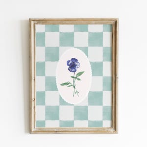 Blue Checkered Pansy Art Print, Digital Downloadable Wall Art, Trendy Decor, Abstract Vintage Painting, English Garden, Floral, Cottage