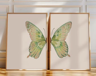 Set of 2 Vertical Prints, Green Pink Butterfly Watercolor Duo, Nursery Wall Art, Digital Downloads, Art Print, Gift Idea, Aesthetic