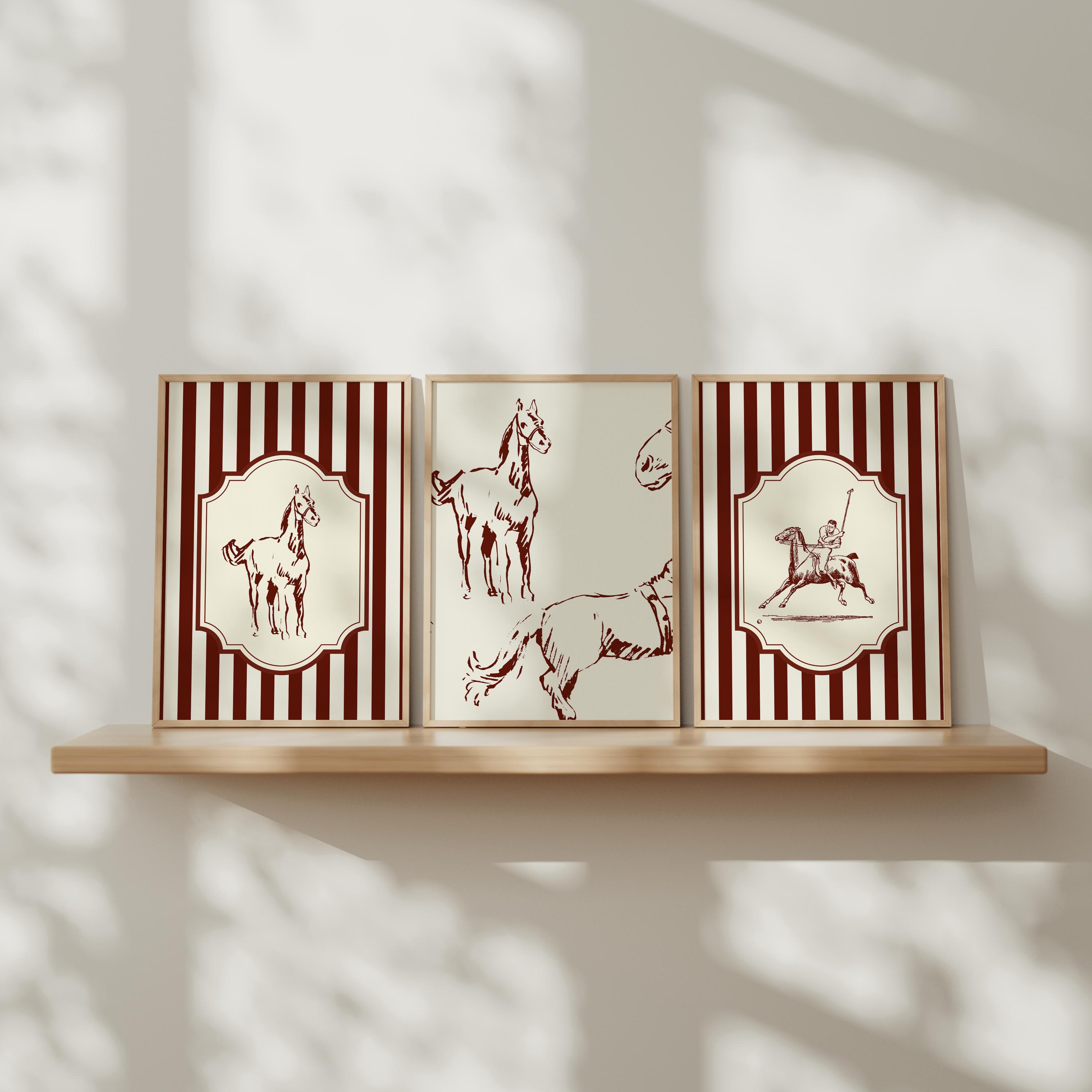Maroon Horse Art Prints: Coastal Cowgirl Western Decor (Set of 3) (Digital Download