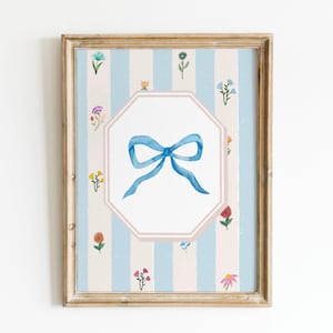 Blue Vintage Floral Wallpaper Hair Bow Print, Digital Downloadable Wall Art, Trendy Decor, Vintage Painting, English Garden, Nursery