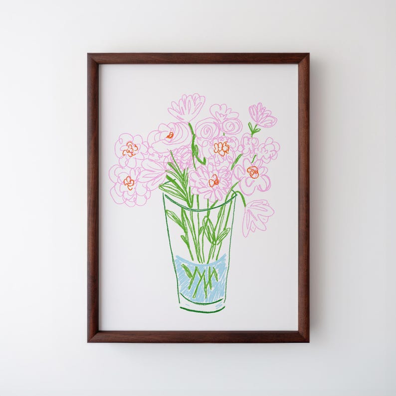 Pink Doodle Floral Art Print: Trendy Cottage Decor, Digital Downloads, Art Print, Abstract Line Drawing, Wildflower Botanical image 2