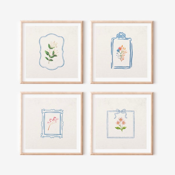 Bundle of FOUR Blue Vintage Botanical Print , Digital Downloadable Wall Art, Trendy Decor, English Garden Painting, Cottagecore Decor