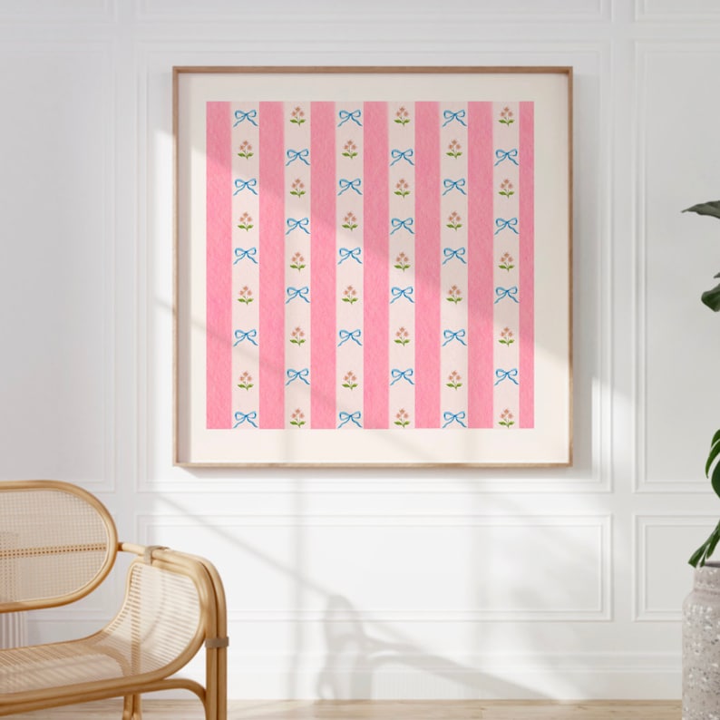 Vintage Pink Wallpaper Floral Bow Square Print, INSTANT Digital Downloadable Wall Art, Kitchen, Living Room Art, English Cottage image 2